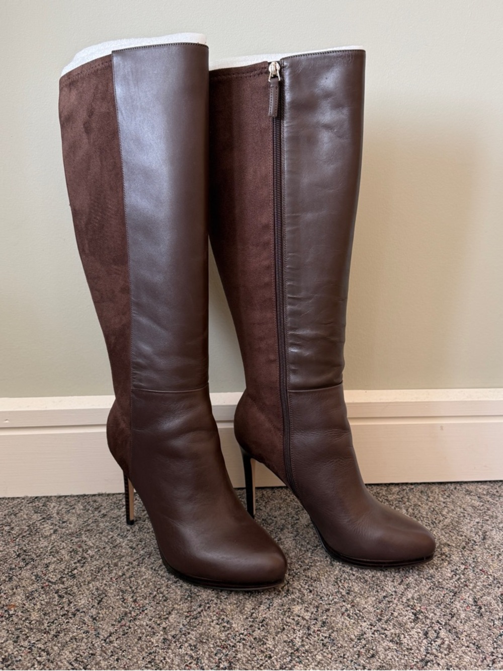 Nine West Quizme Knee High Platform Brown Leather & Suede Stiletto Heeled Boots